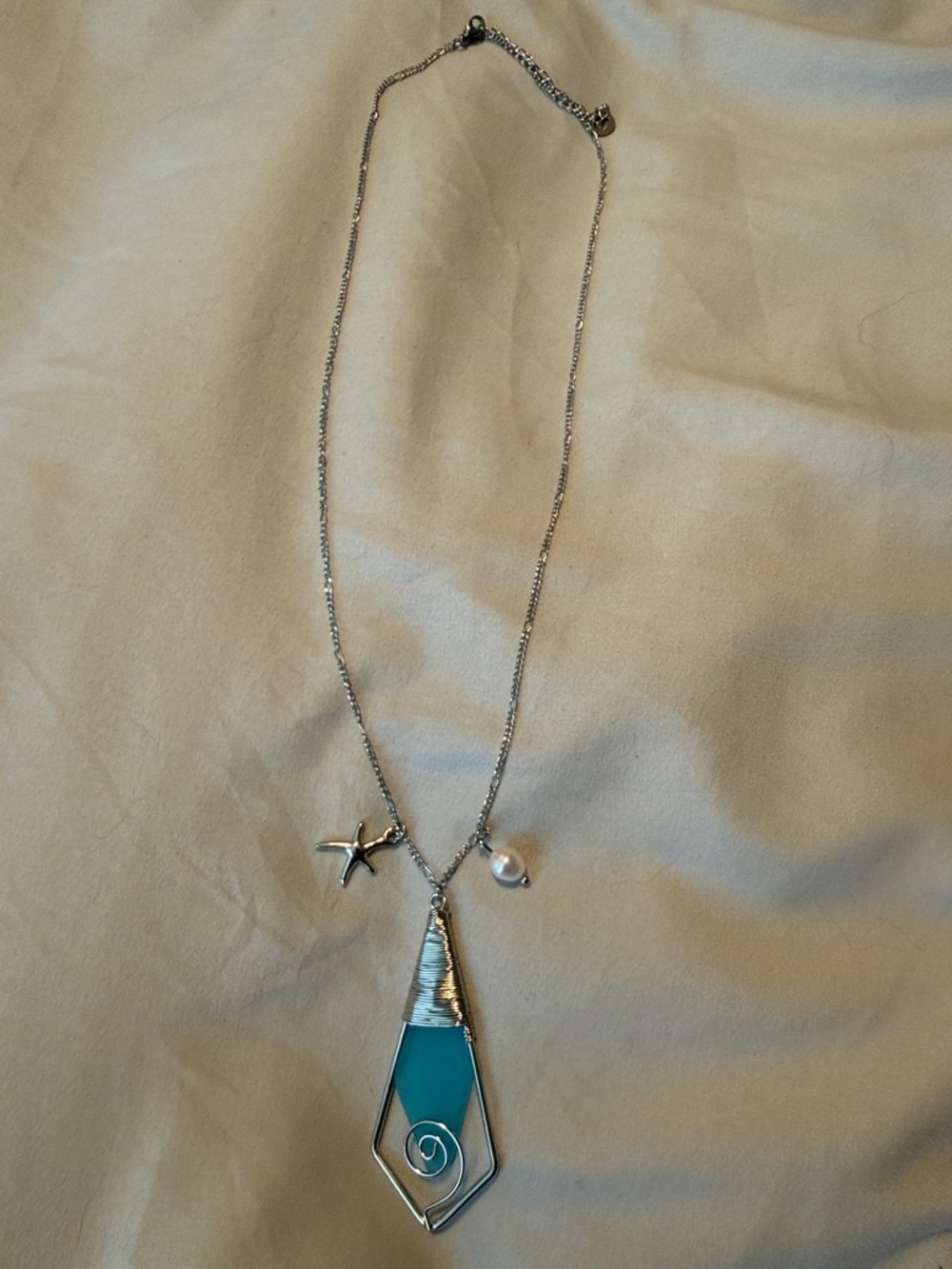 Sterling Silver Sea Glass Blue Necklace with Starfish and Pearl Charm